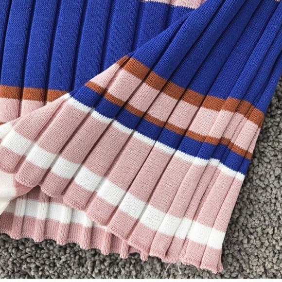 Women Ribbed Woven Bodycon Dress Medium M Blue Pink White Stretch Wide Stripes - Picture 15 of 16